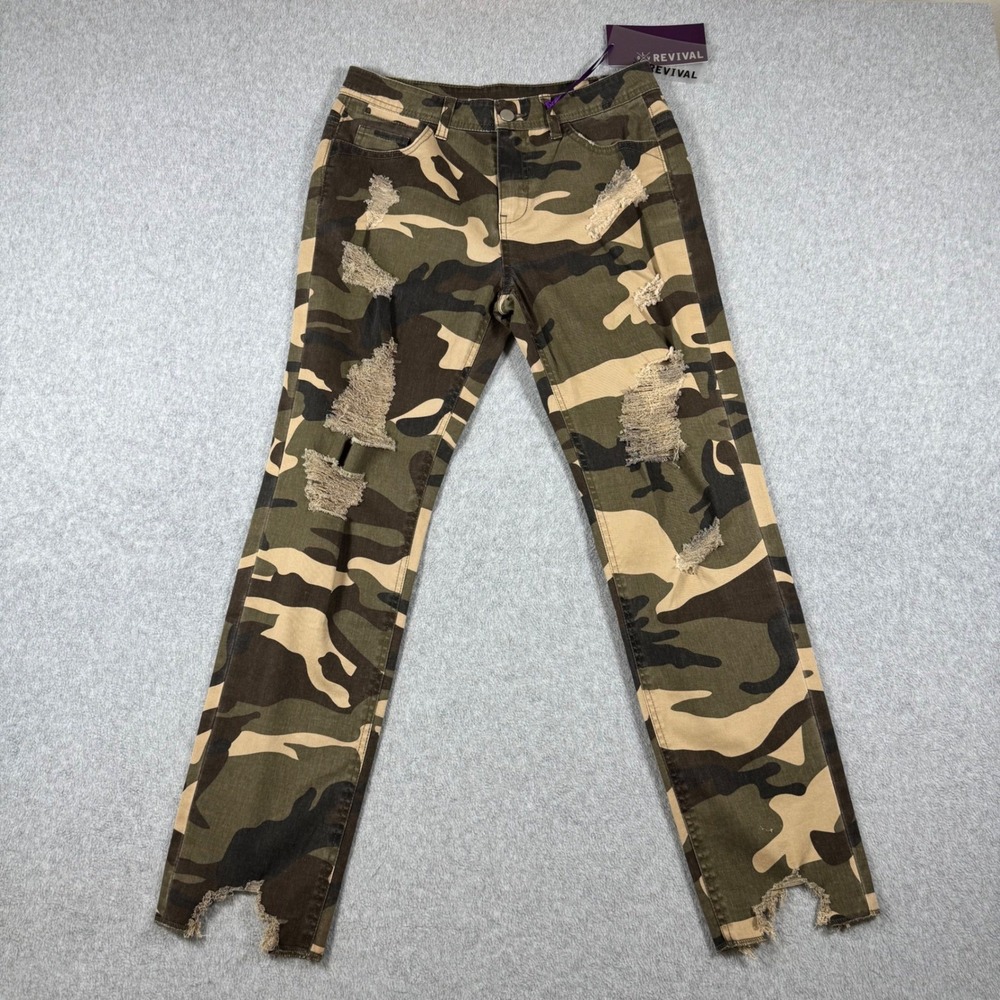NWT Y2K Revival Pants Women Green Camo Straight Leg Distressed Twill